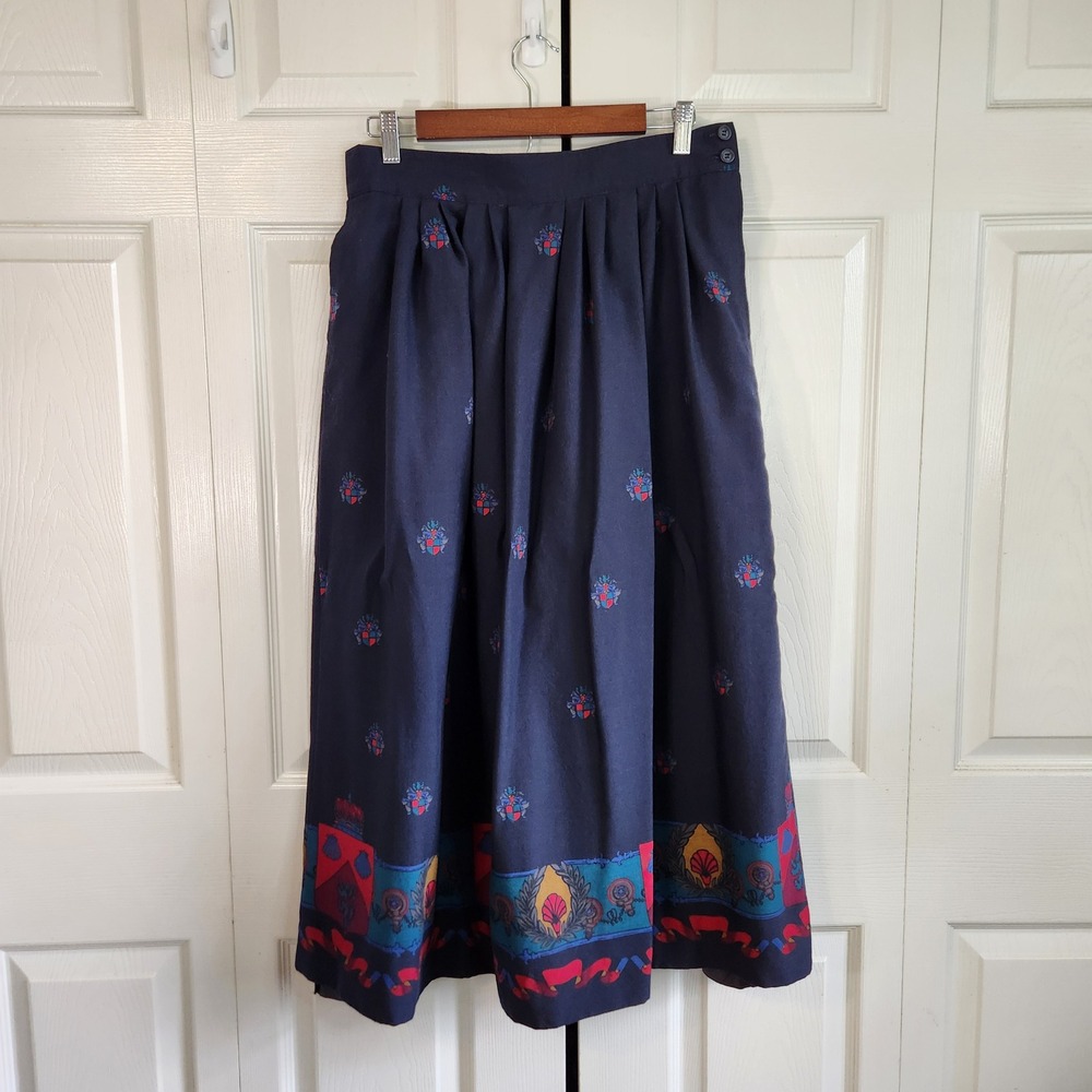 Vintage Navy Heraldic Crest‎ Border Print Pleated Maxi Skirt Made in USA Size 16
